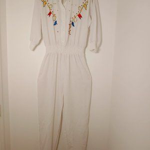Vintage Woman's White Jumpsuit W/Beaded Designs Office Casual Party Sz Medium. V